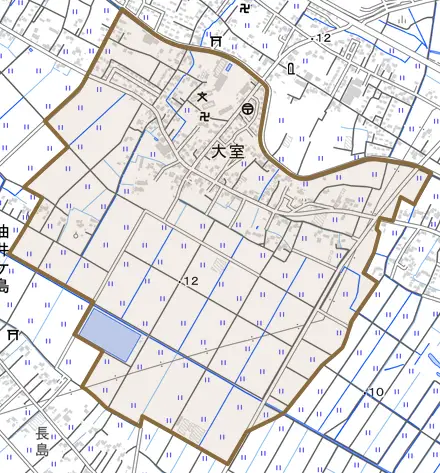 大室とその周辺の地図。町の範囲を重ねている
