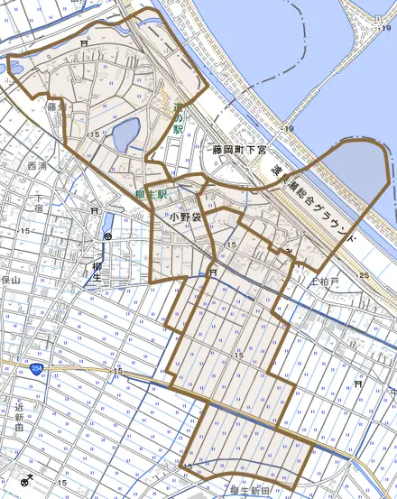 小野袋とその周辺の地図。町の範囲を重ねている