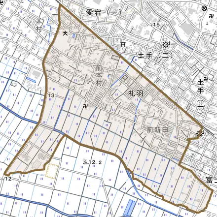 礼羽とその周辺の地図。町の範囲を重ねている