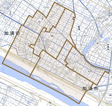 栄とその周辺の地図。町の範囲を重ねている