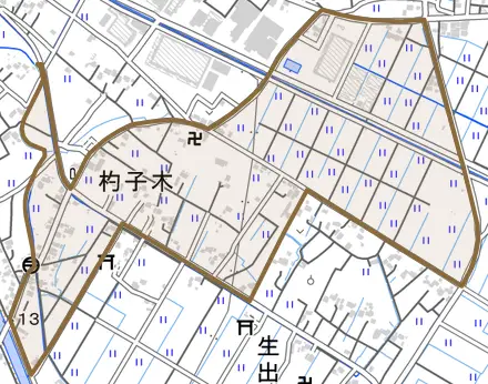 杓子木とその周辺の地図。町の範囲を重ねている