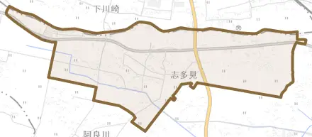 志多見とその周辺の地図。町の範囲を重ねている