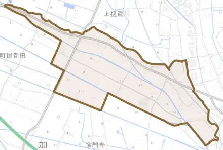 下樋遣川とその周辺の地図。町の範囲を重ねている