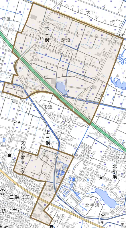 下三俣とその周辺の地図。町の範囲を重ねている
