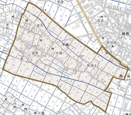 下崎とその周辺の地図。町の範囲を重ねている
