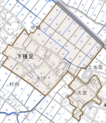 下種足とその周辺の地図。町の範囲を重ねている