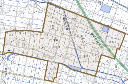 下谷とその周辺の地図。町の範囲を重ねている