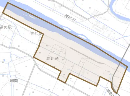 新川通とその周辺の地図。町の範囲を重ねている
