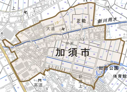 正能とその周辺の地図。町の範囲を重ねている