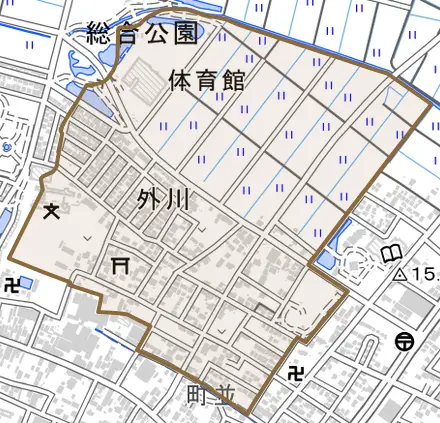外川とその周辺の地図。町の範囲を重ねている