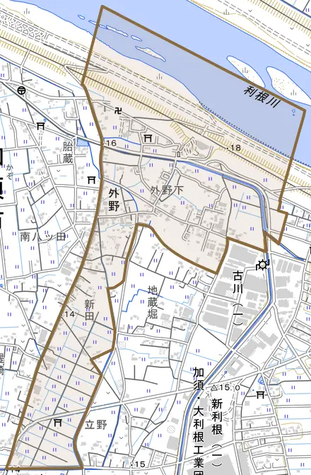 外野とその周辺の地図。町の範囲を重ねている
