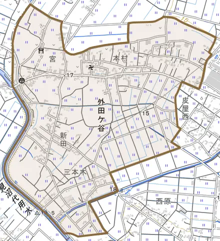 外田ケ谷とその周辺の地図。町の範囲を重ねている
