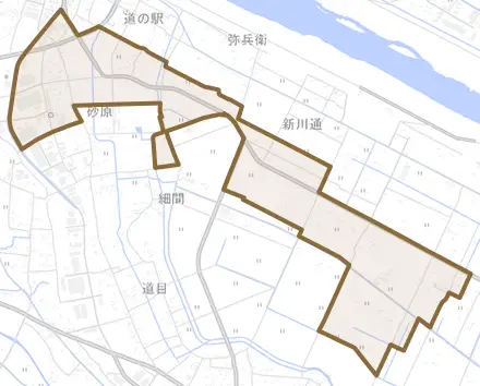砂原とその周辺の地図。町の範囲を重ねている