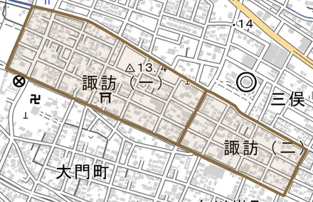 諏訪とその周辺の地図。町の範囲を重ねている