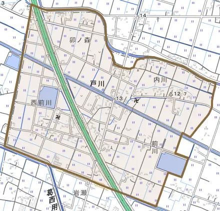 戸川とその周辺の地図。町の範囲を重ねている