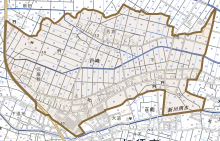 戸崎とその周辺の地図。町の範囲を重ねている