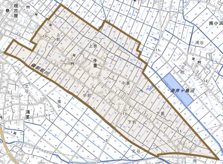 牛重とその周辺の地図。町の範囲を重ねている