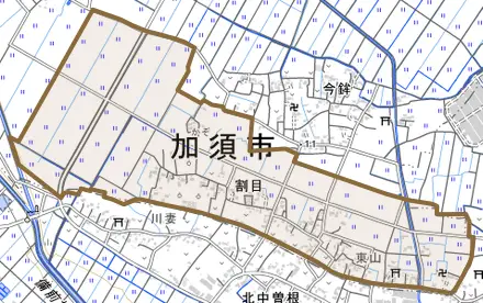 割目とその周辺の地図。町の範囲を重ねている