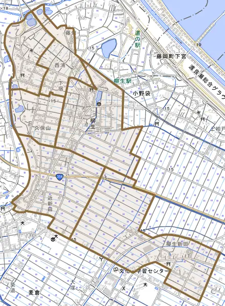 柳生とその周辺の地図。町の範囲を重ねている