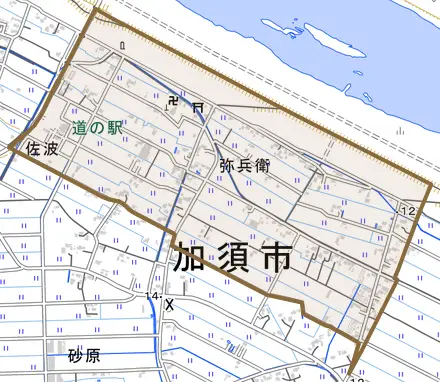 弥兵衛とその周辺の地図。町の範囲を重ねている
