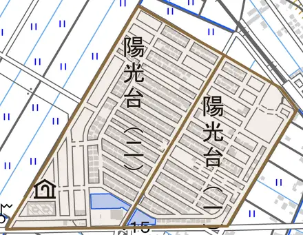 陽光台とその周辺の地図。町の範囲を重ねている