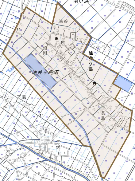 油井ケ島とその周辺の地図。町の範囲を重ねている