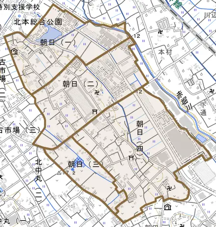 朝日とその周辺の地図。町の範囲を重ねている