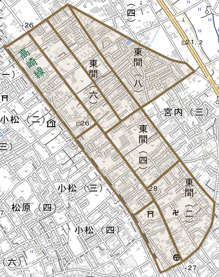 東間とその周辺の地図。町の範囲を重ねている