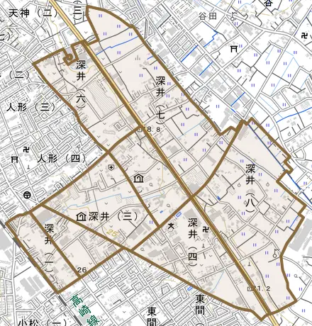 深井とその周辺の地図。町の範囲を重ねている