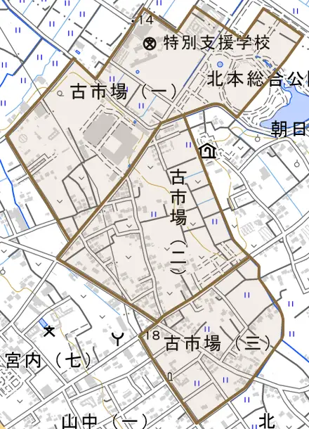 古市場とその周辺の地図。町の範囲を重ねている