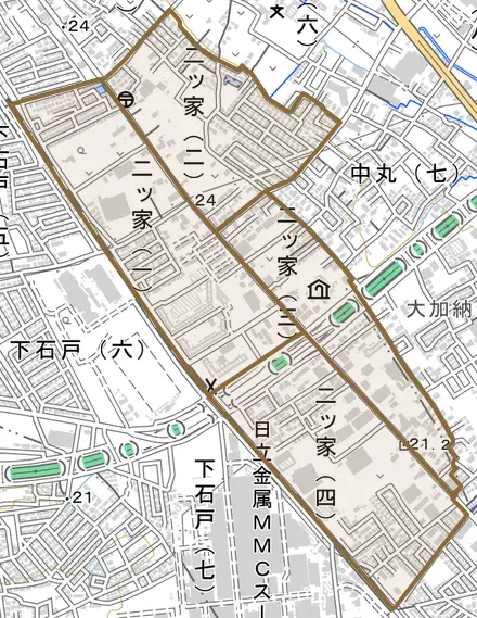 二ツ家とその周辺の地図。町の範囲を重ねている