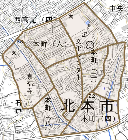 本町とその周辺の地図。町の範囲を重ねている
