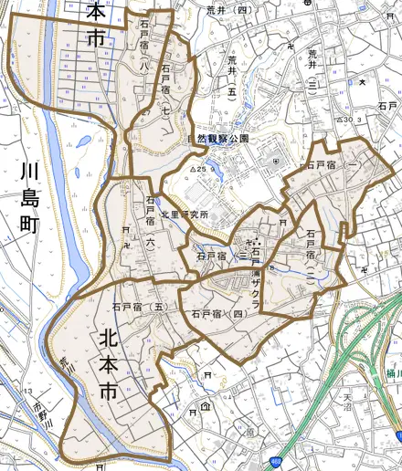 石戸宿とその周辺の地図。町の範囲を重ねている