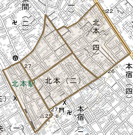 北本とその周辺の地図。町の範囲を重ねている