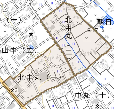 北中丸とその周辺の地図。町の範囲を重ねている