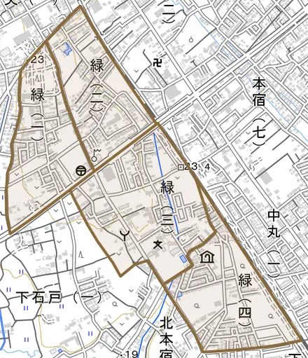 緑とその周辺の地図。町の範囲を重ねている