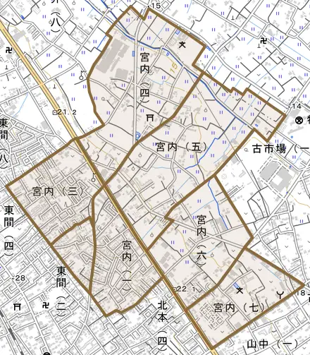 宮内とその周辺の地図。町の範囲を重ねている