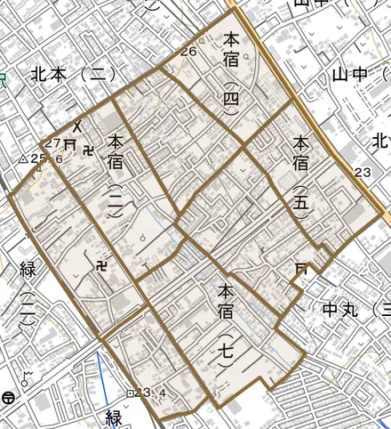 本宿とその周辺の地図。町の範囲を重ねている