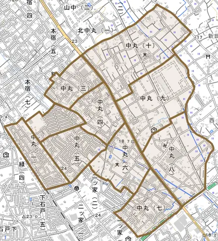 中丸とその周辺の地図。町の範囲を重ねている