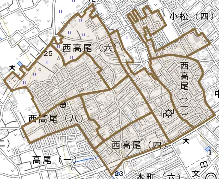 西高尾とその周辺の地図。町の範囲を重ねている