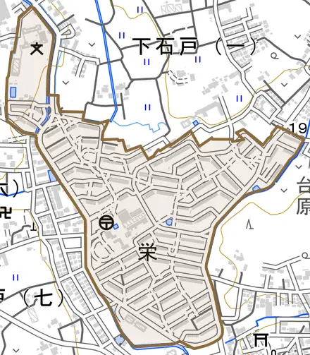 栄とその周辺の地図。町の範囲を重ねている