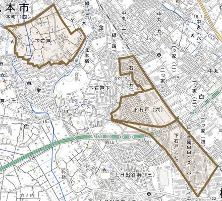 下石戸とその周辺の地図。町の範囲を重ねている