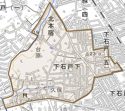 大字下石戸下とその周辺の地図。町の範囲を重ねている