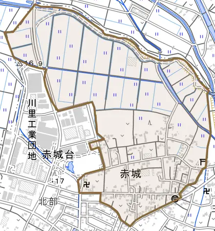 赤城とその周辺の地図。町の範囲を重ねている