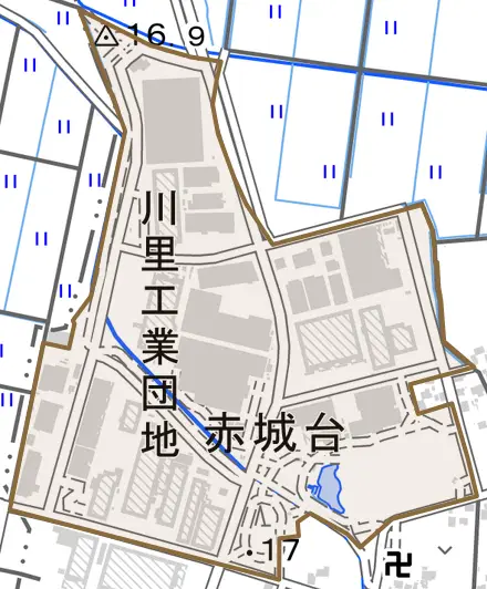 赤城台とその周辺の地図。町の範囲を重ねている