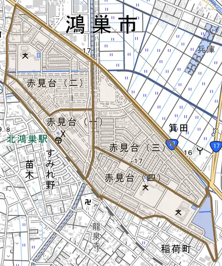 赤見台とその周辺の地図。町の範囲を重ねている