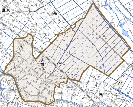 安養寺とその周辺の地図。町の範囲を重ねている