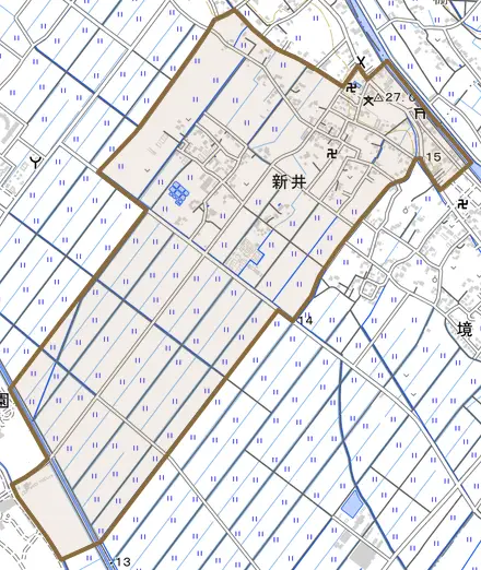 新井とその周辺の地図。町の範囲を重ねている