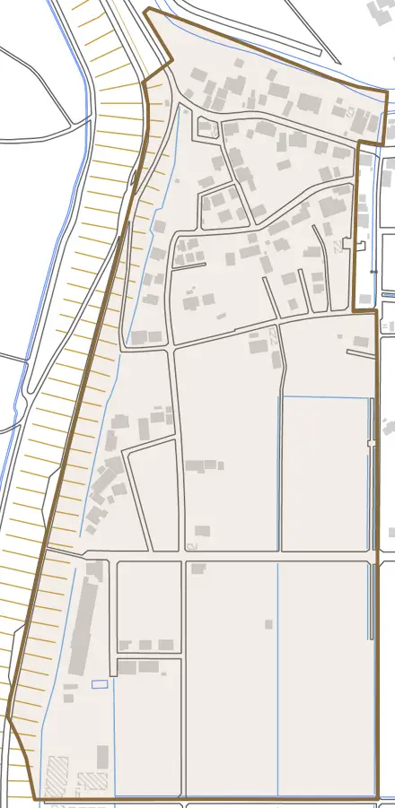 荊原とその周辺の地図。町の範囲を重ねている