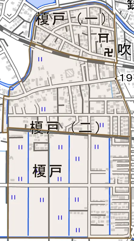 榎戸とその周辺の地図。町の範囲を重ねている